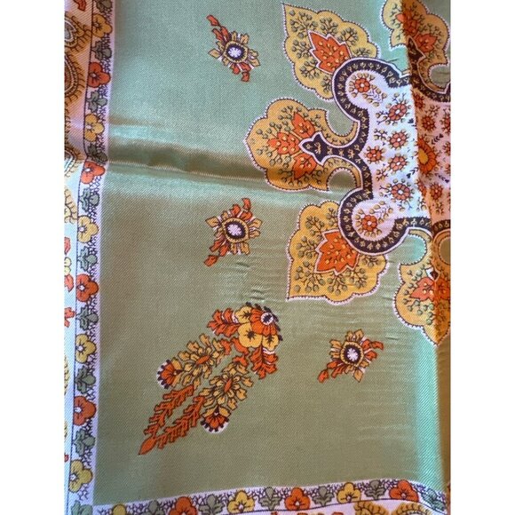 Vintage Green & Brown Paisley Floral Scarf All Acetate Made In Japan Square - Picture 2 of 5